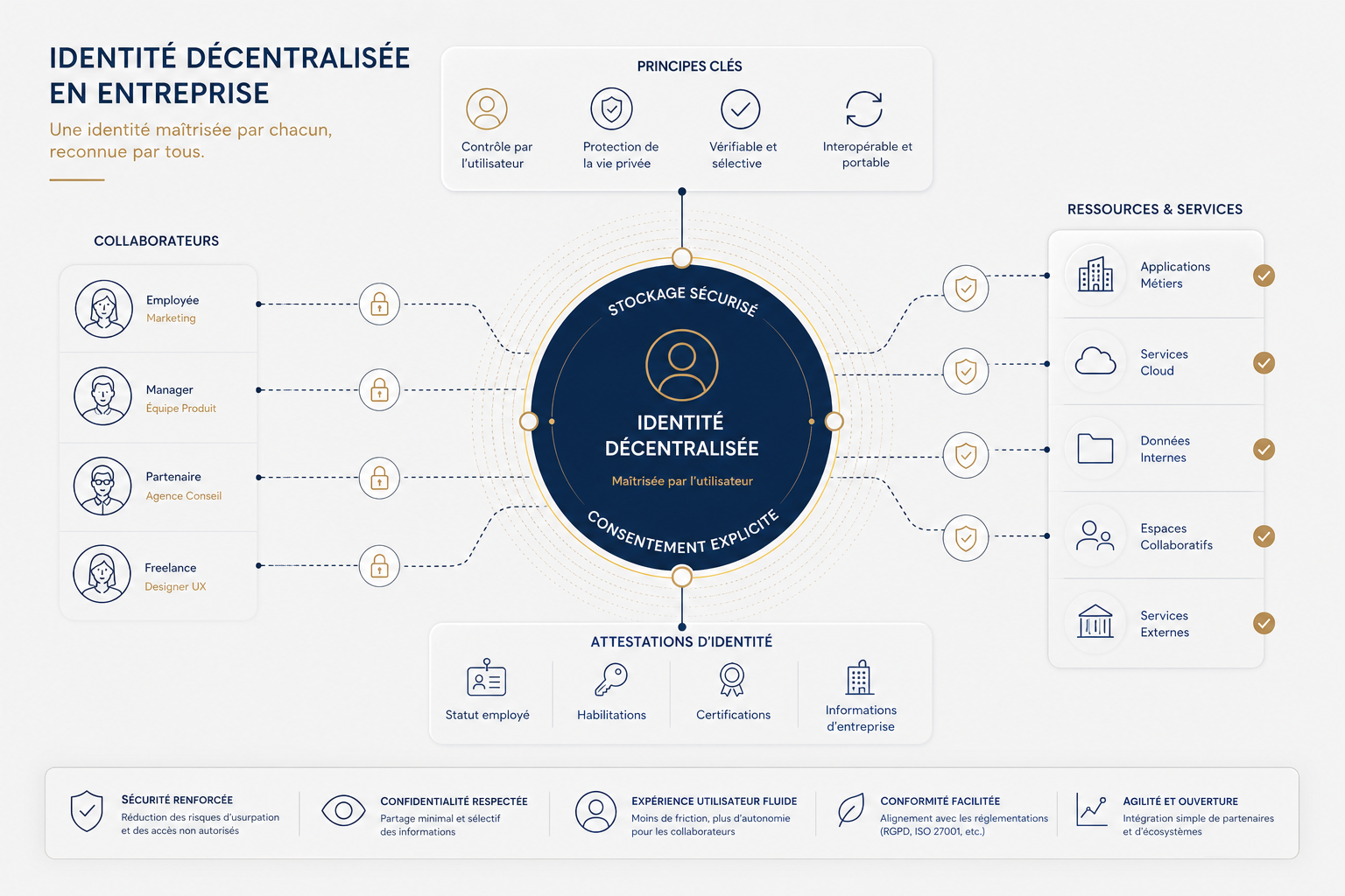 Schéma futuriste d’une entreprise utilisant l’identité décentralisée