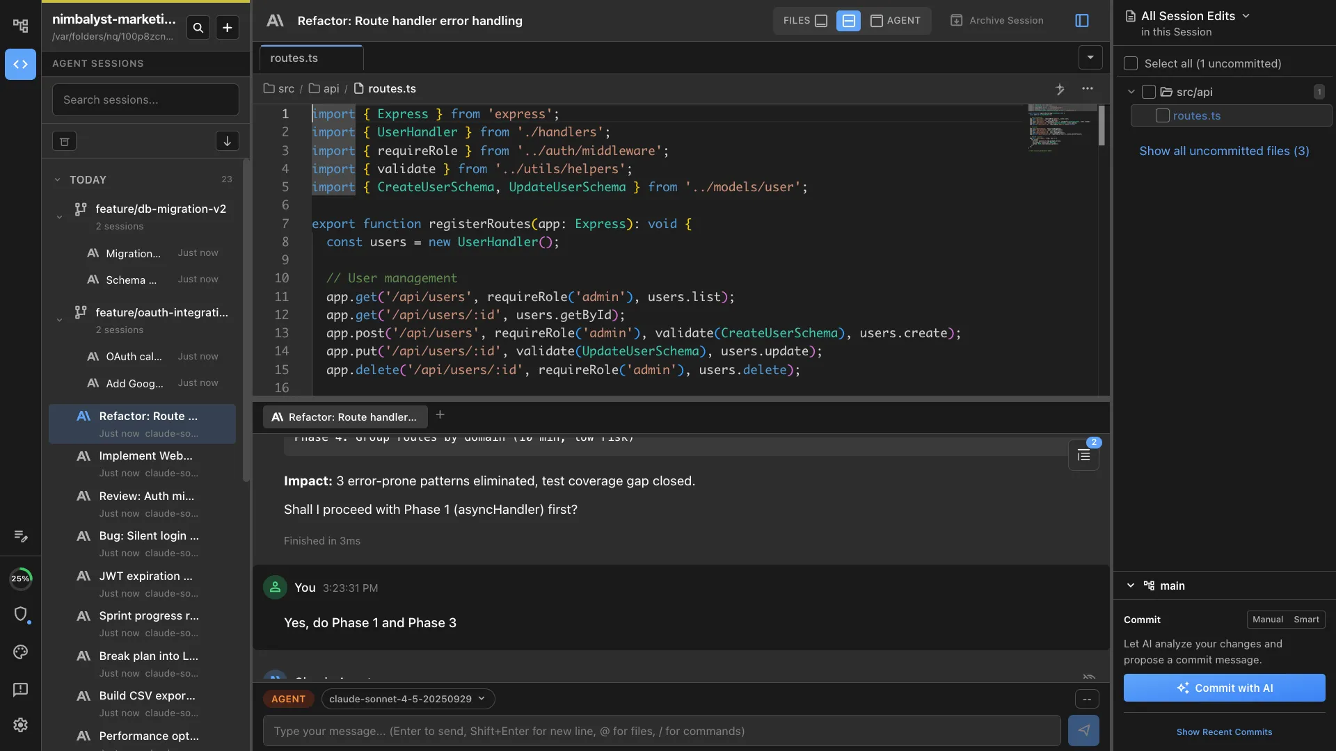 Interface Nimbalyst : Kanban, sessions IA, diffs de code, terminal et Git