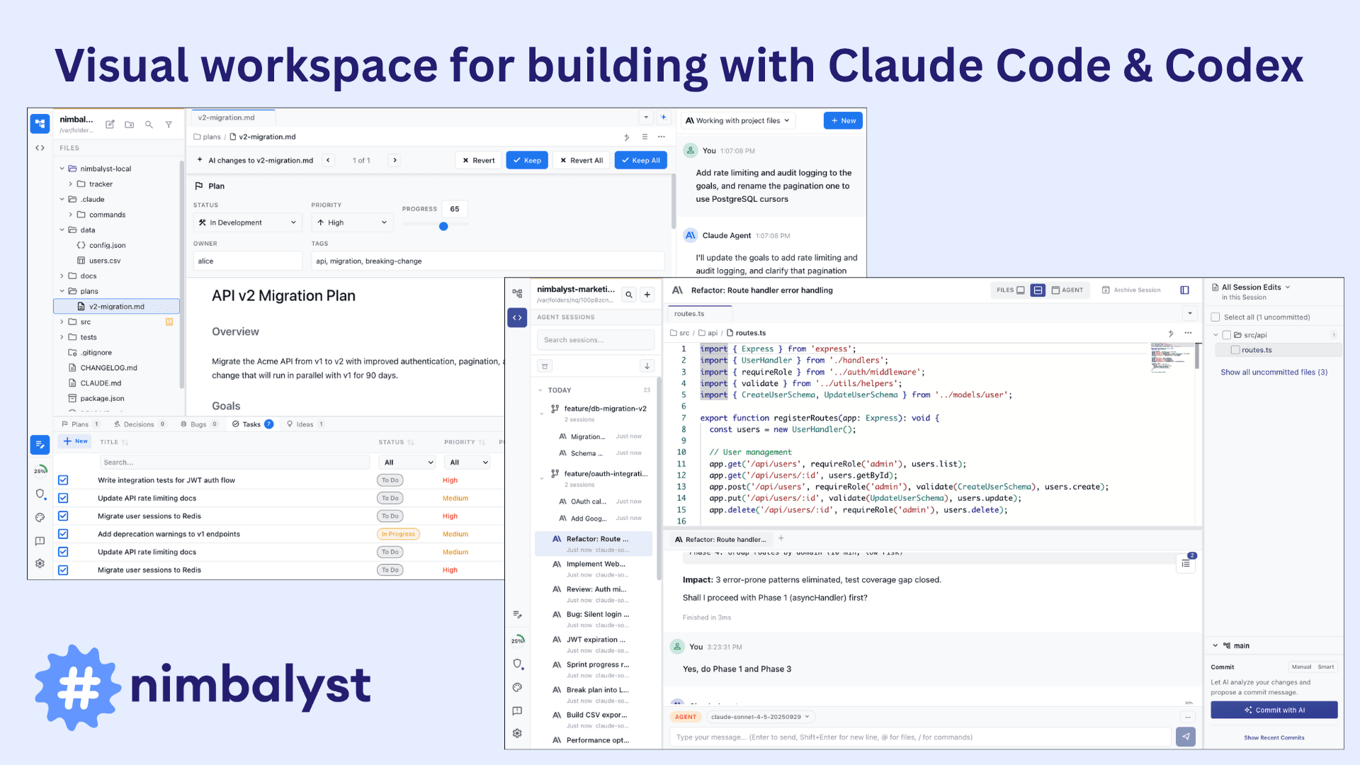Nimbalyst au centre du flux entre Claude Code, Codex et la validation humaine